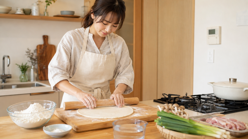 日本の家庭キッチンでカルグクス用の手打ち麺生地を作る様子