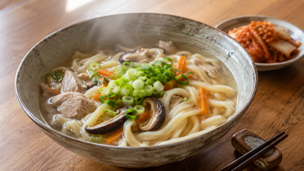 鶏肉と野菜を入れた手作りカルグクスの温かい一杯