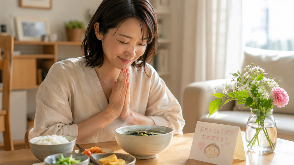 誕生日の朝に韓国わかめスープを食べながら感謝の気持ちを感じる日本人女性