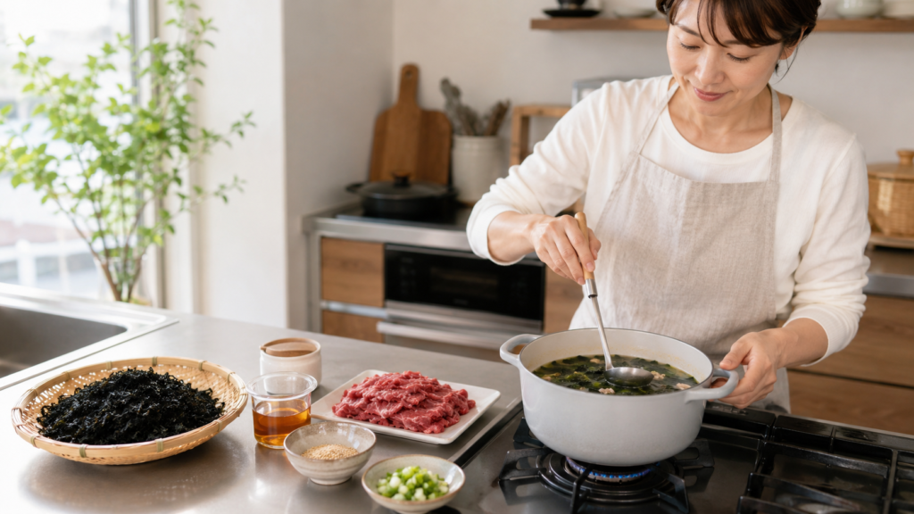 乾燥わかめと牛肉を使って韓国わかめスープを作る調理風景
