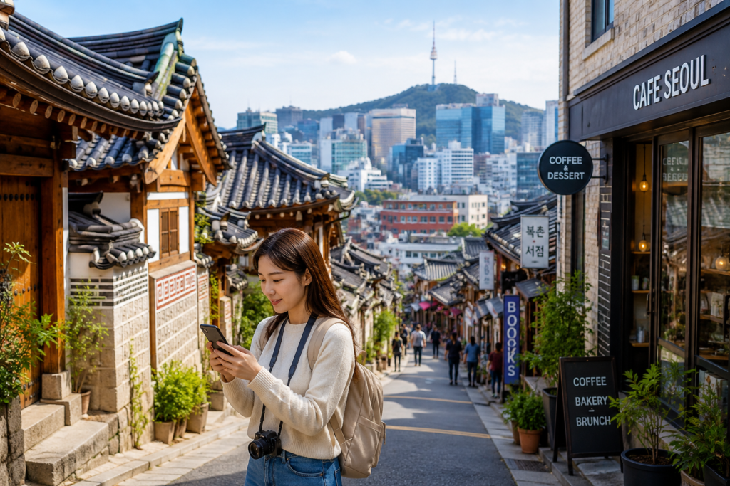 Korea travel guide with Seoul city view and traditional Korean street