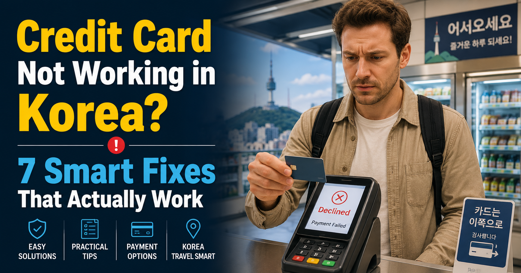 Traveler dealing with a credit card declined issue in Korea with tips on what to do next