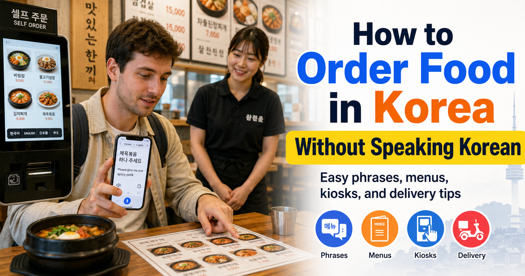 A traveler ordering food in Korea without speaking Korean