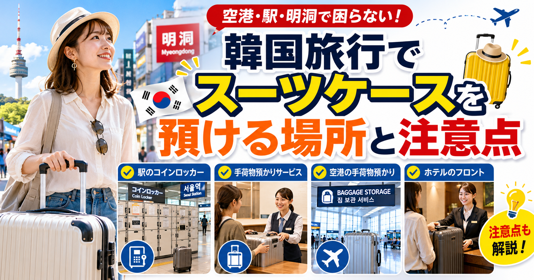 韓国旅行でスーツケースを預ける場所と注意点を紹介するサムネイル画像