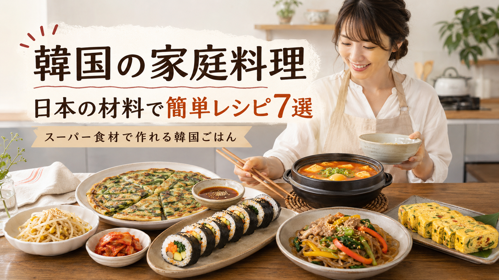 日本のスーパーで買える材料で作る韓国の家庭料理、チヂミ、キンパ、スンドゥブ風スープ、チャプチェ、ナムルの食卓