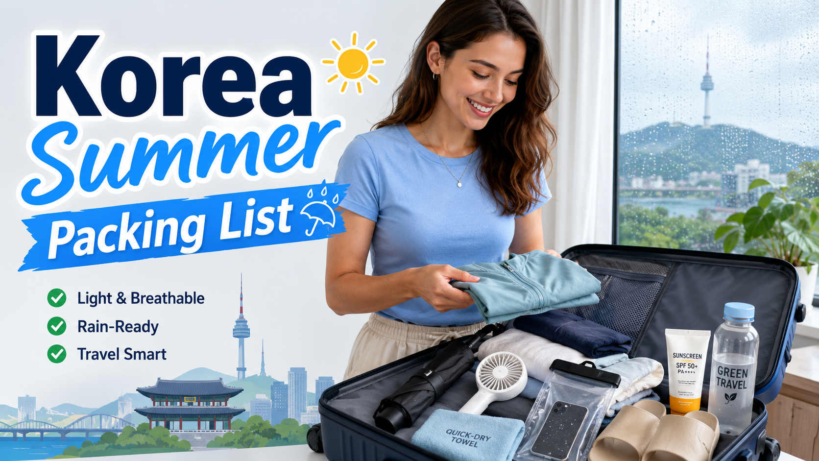 Foreign traveler packing a suitcase with lightweight clothes and travel essentials for Korea summer