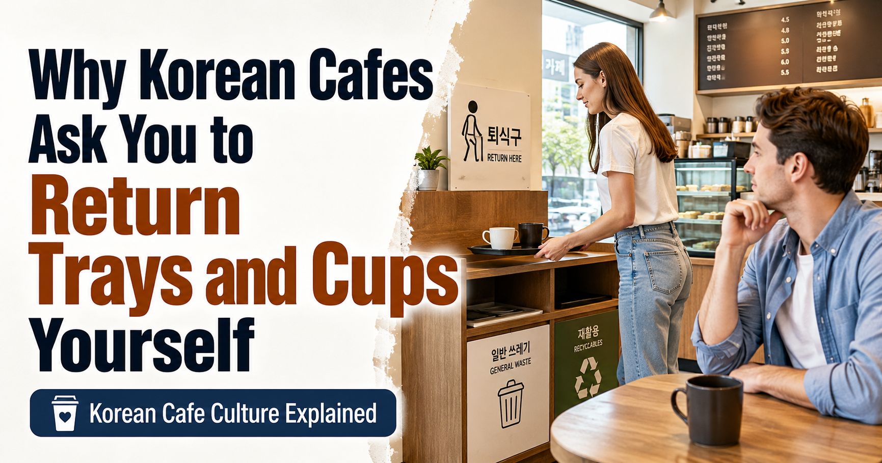 Foreign customer returning a tray and sorting cups at a Korean cafe self-return station