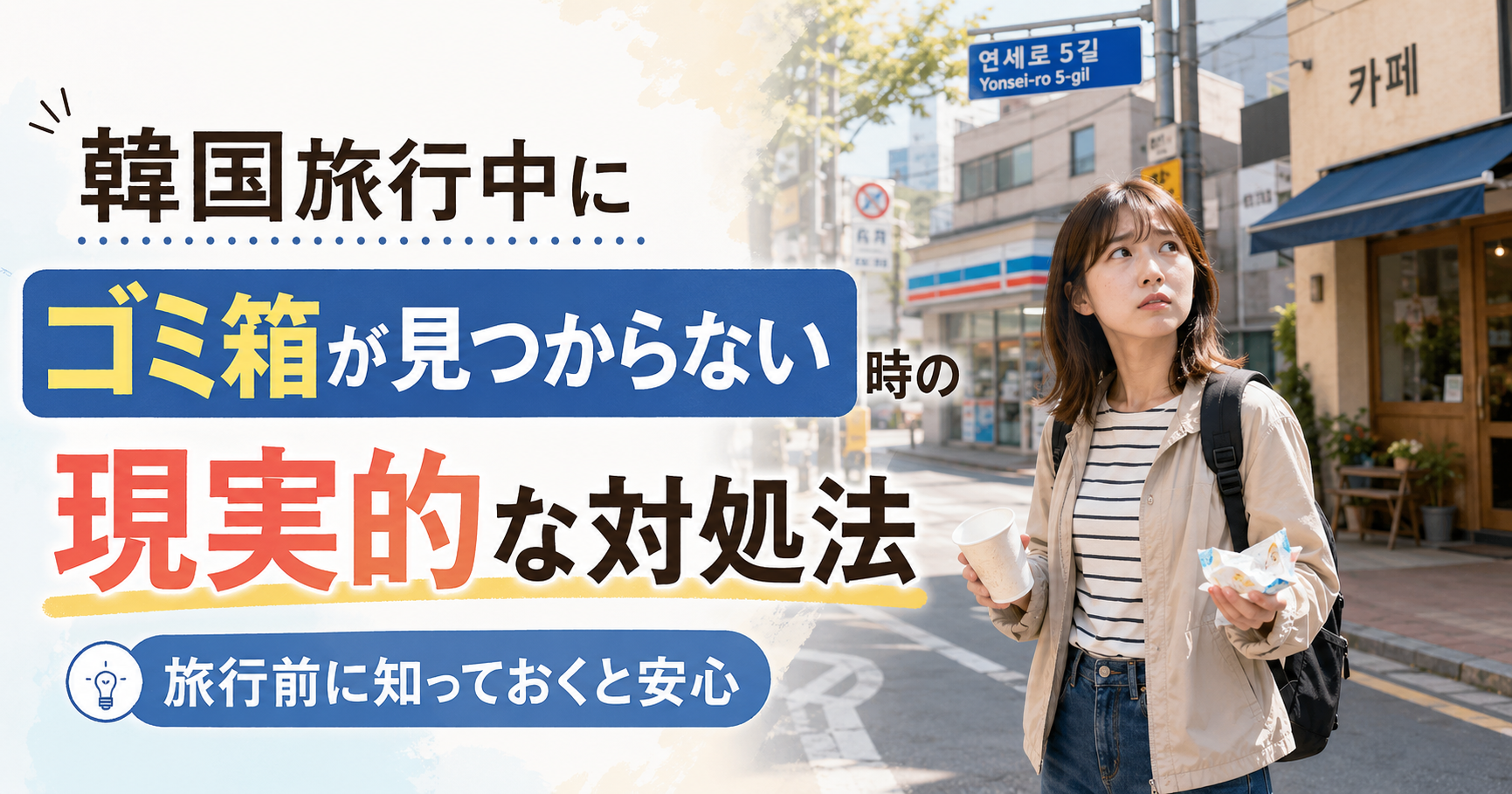 韓国旅行中にゴミ箱が見つからず困っている日本人旅行者