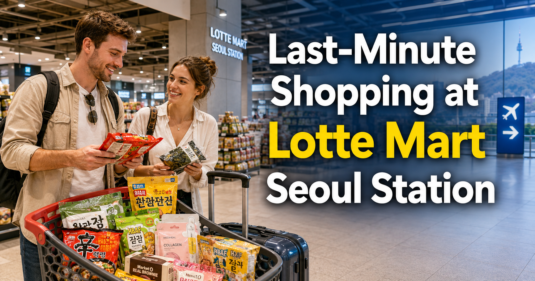 Foreign travelers shopping at Lotte Mart Seoul Station before going to Incheon Airpor