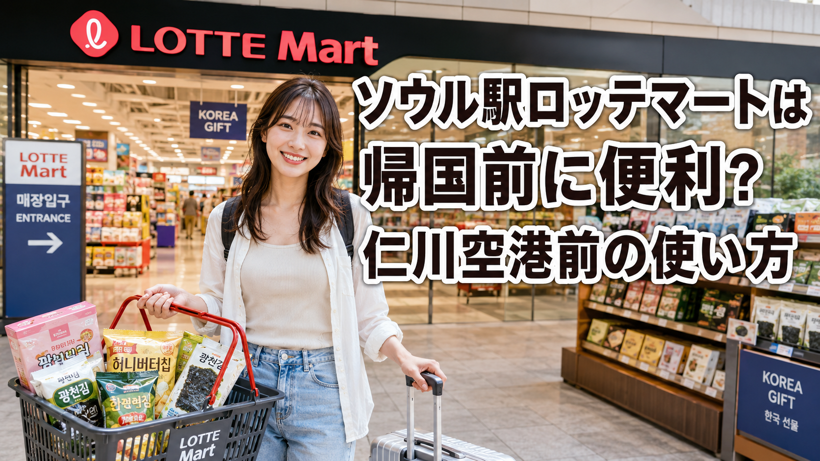 ソウル駅ロッテマートで帰国前に買い物する日本人旅行者とスーツケースのイメージ