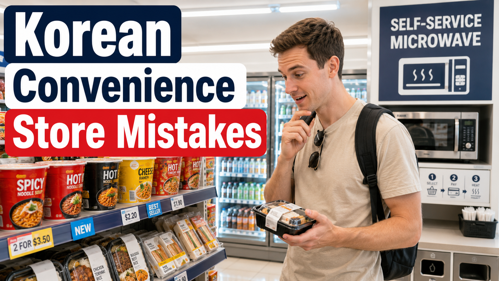 A foreign tourist inside a Korean convenience store learning how to use ramen, promotions, and self-service food areas