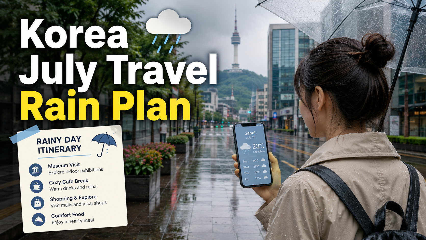 A Korea July travel thumbnail showing how to plan around sudden afternoon rain