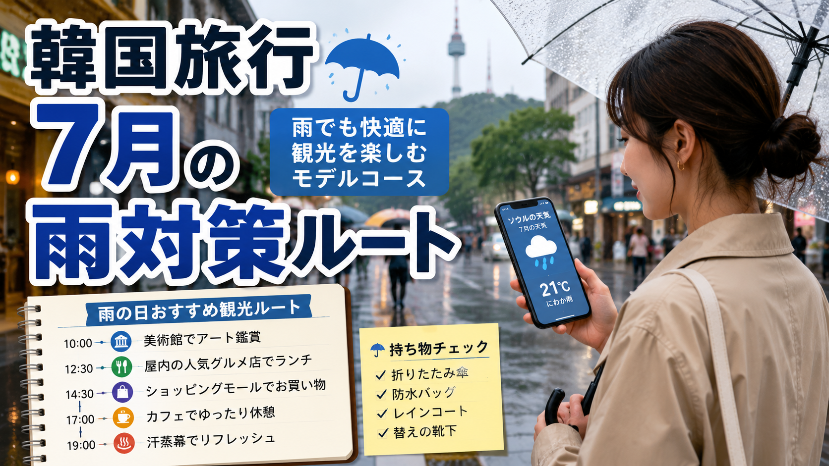 7月の韓国旅行で午後の急な雨に合わせた観光ルートを説明するサムネイル画像