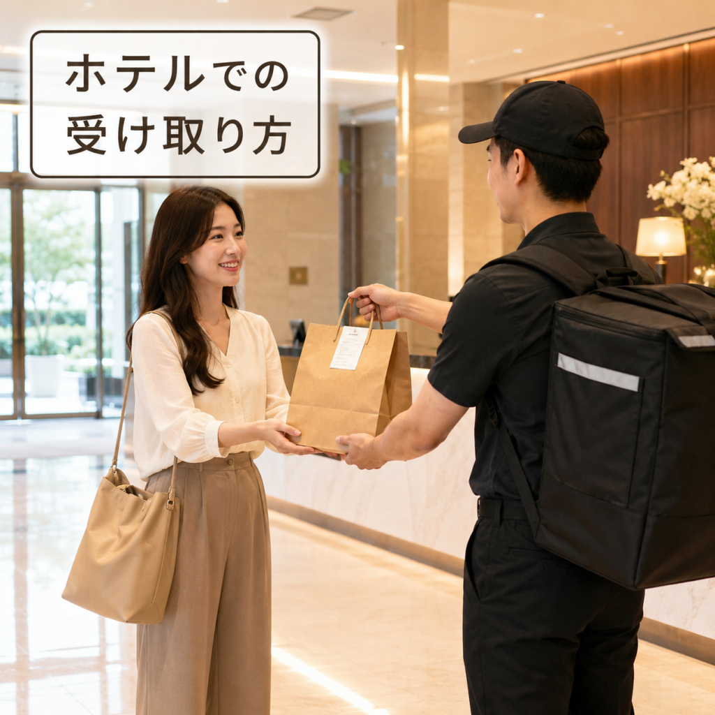 韓国のホテルロビーでフードデリバリーを受け取る旅行者のイメージ