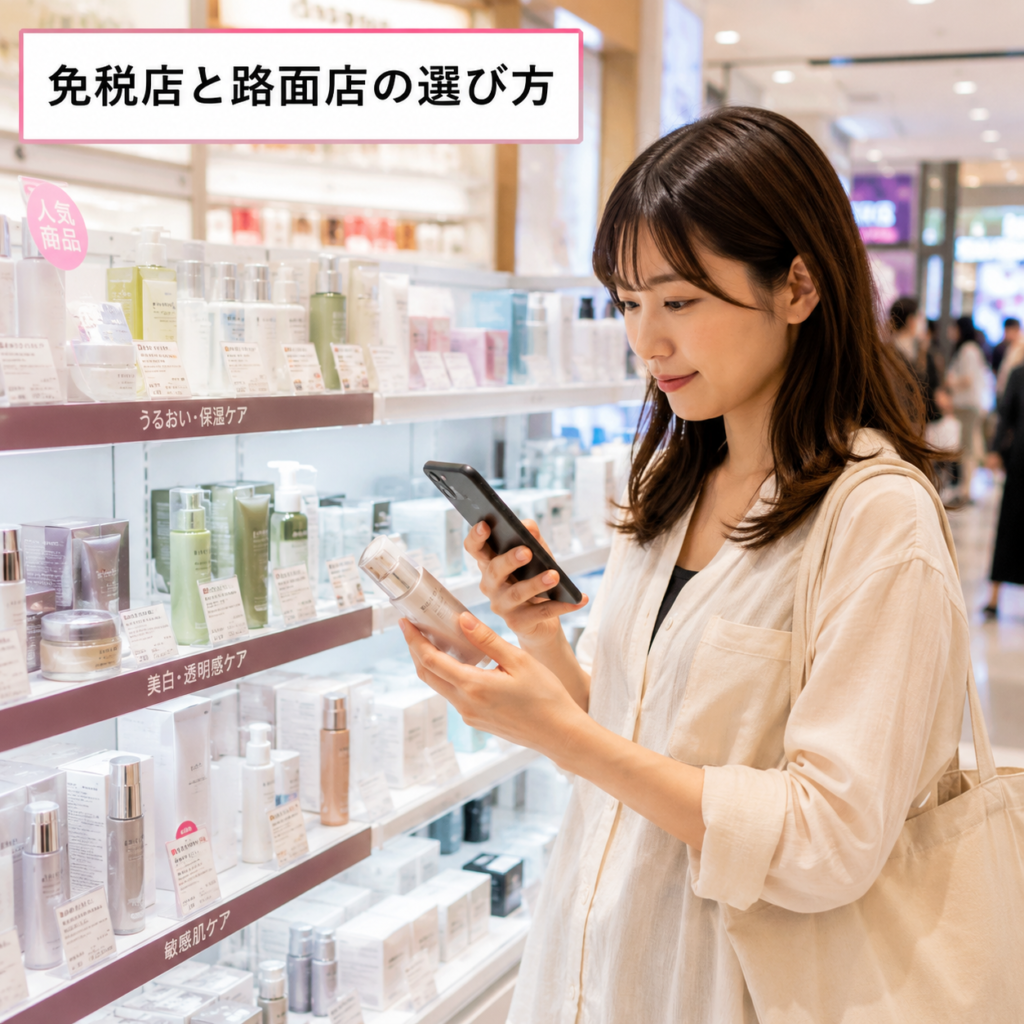 明洞で免税店と路面店のスキンケア購入を比較する旅行者のイメージ