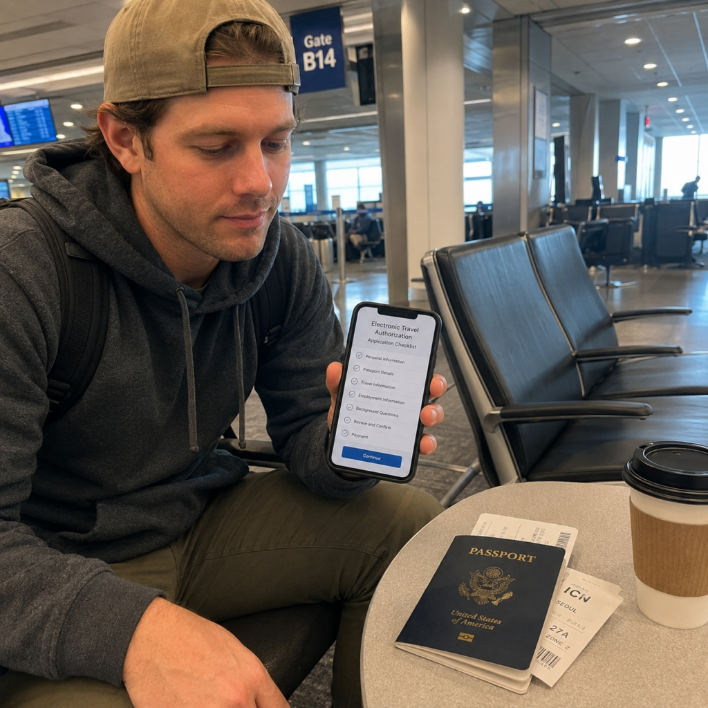 Traveler reviewing K-ETA details before flying to Korea