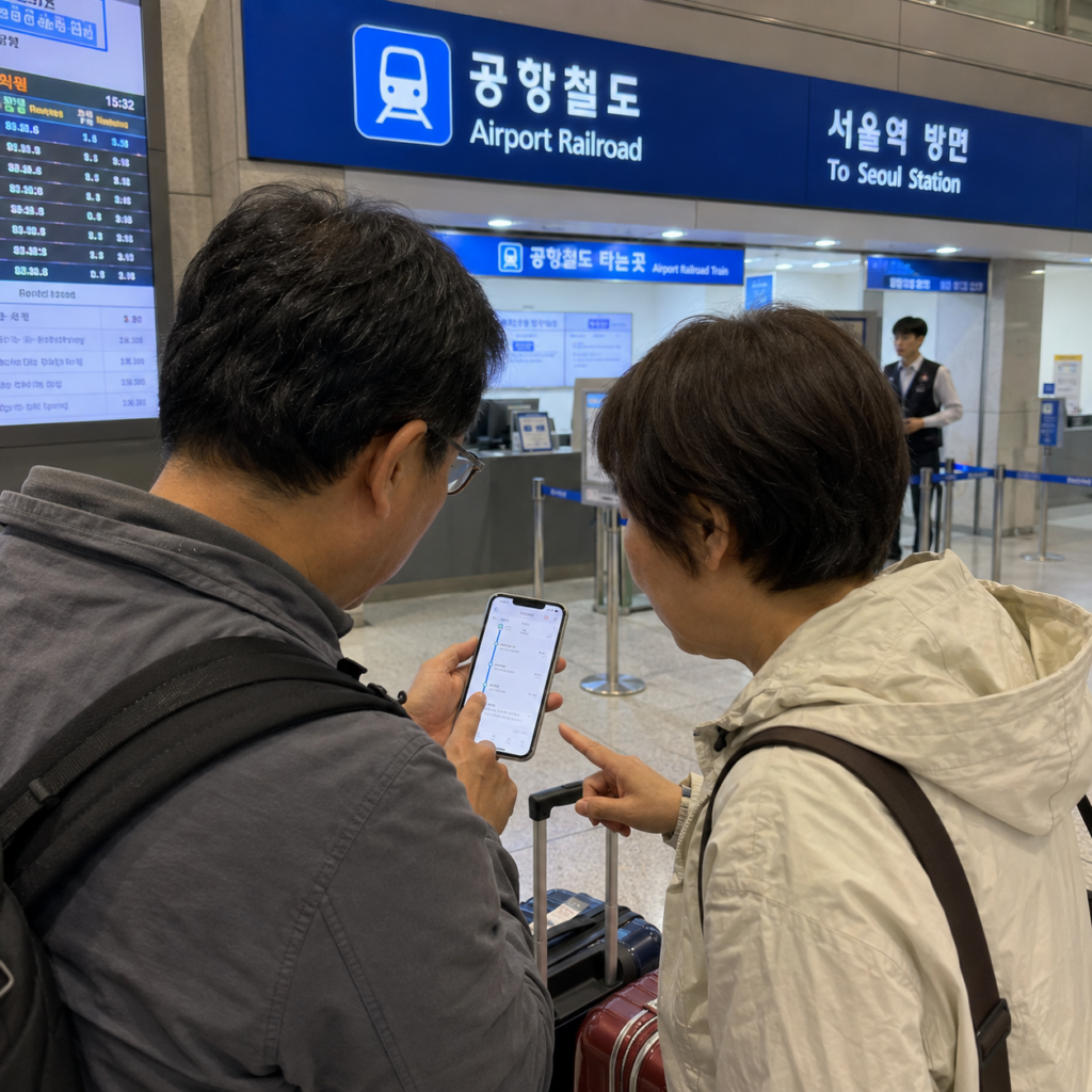Tourists planning airport transportation after landing in Korea