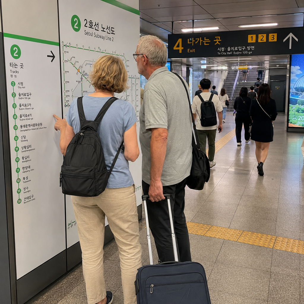 Travelers checking a Seoul subway exit map with luggage