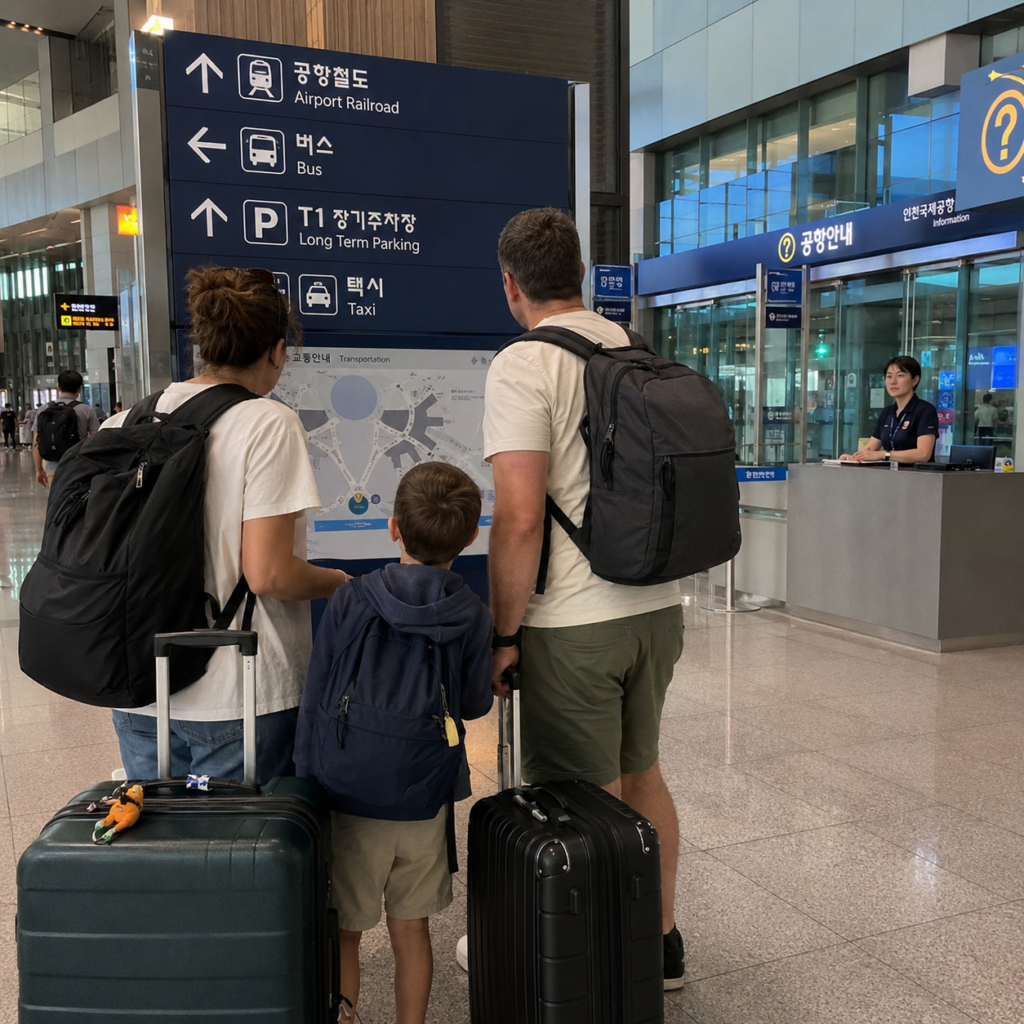 Family choosing airport transport from Incheon to Seoul