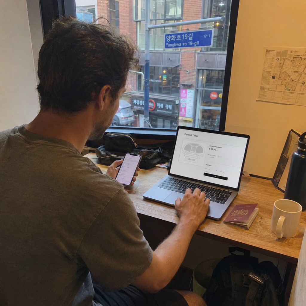 Traveler checking a global K-pop ticketing page in Seoul
