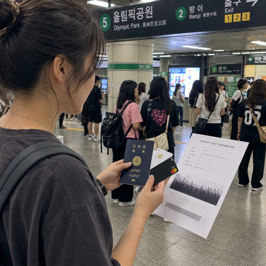 Traveler holding passport and ticket confirmation near Olympic Park