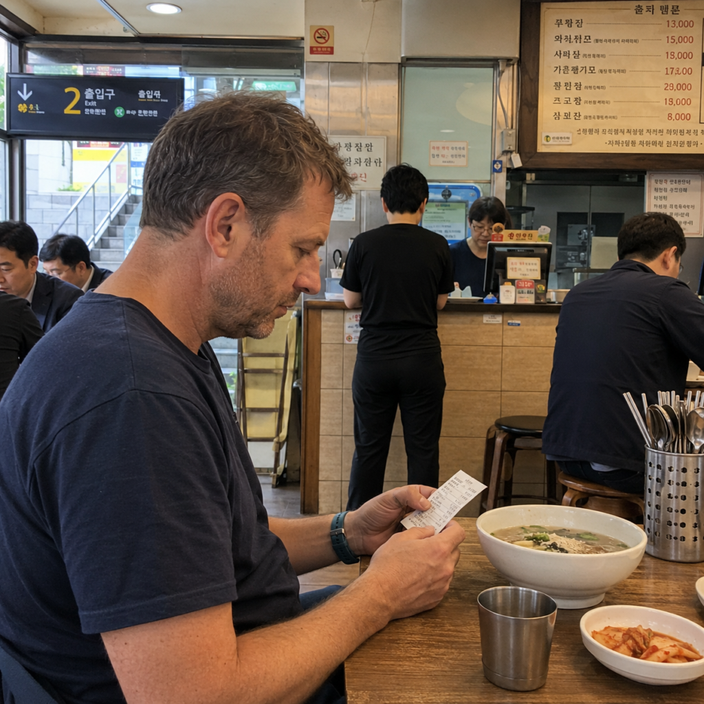 Traveler checking a receipt in a Korean noodle shop.
