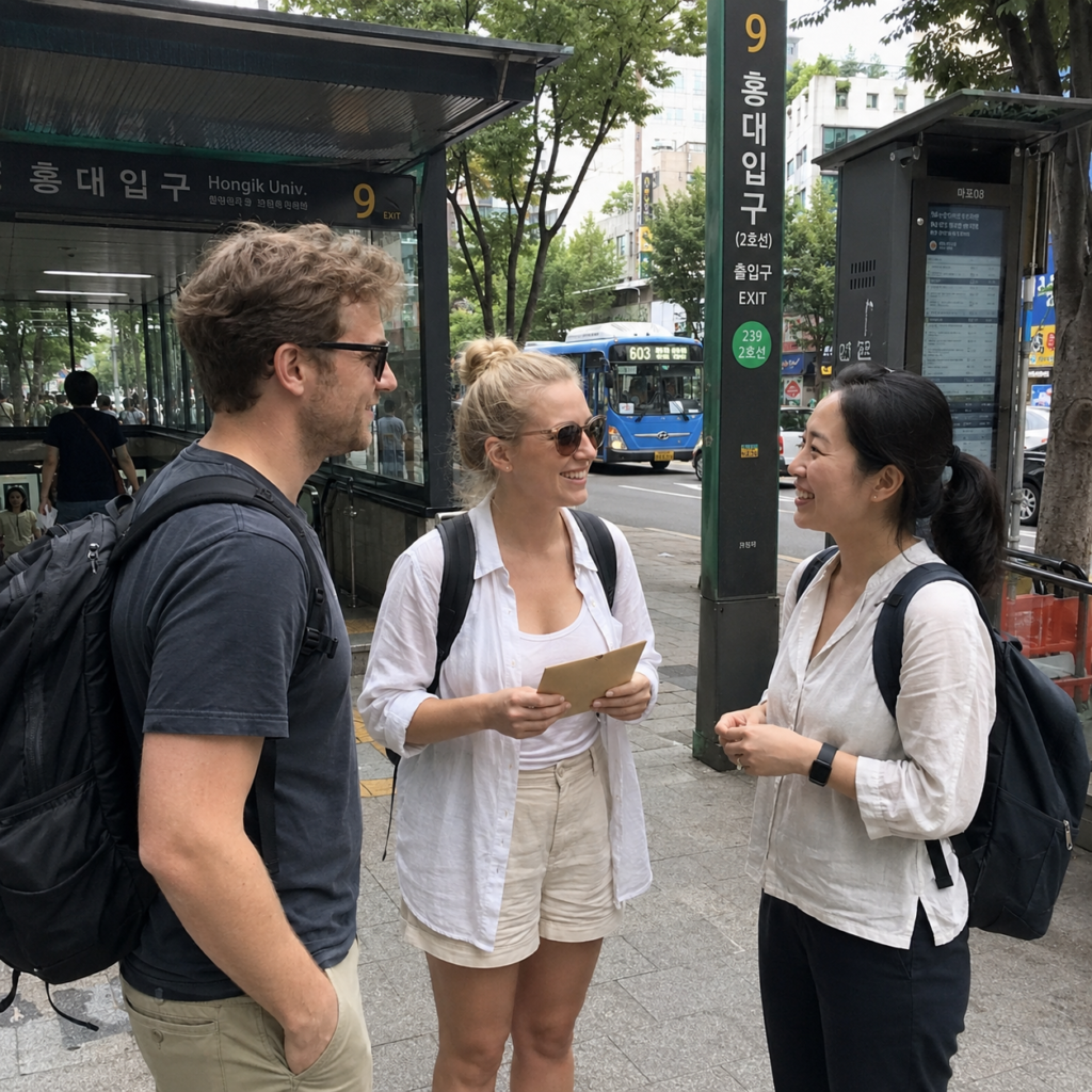 Travelers thanking a private guide near a Seoul subway exit.