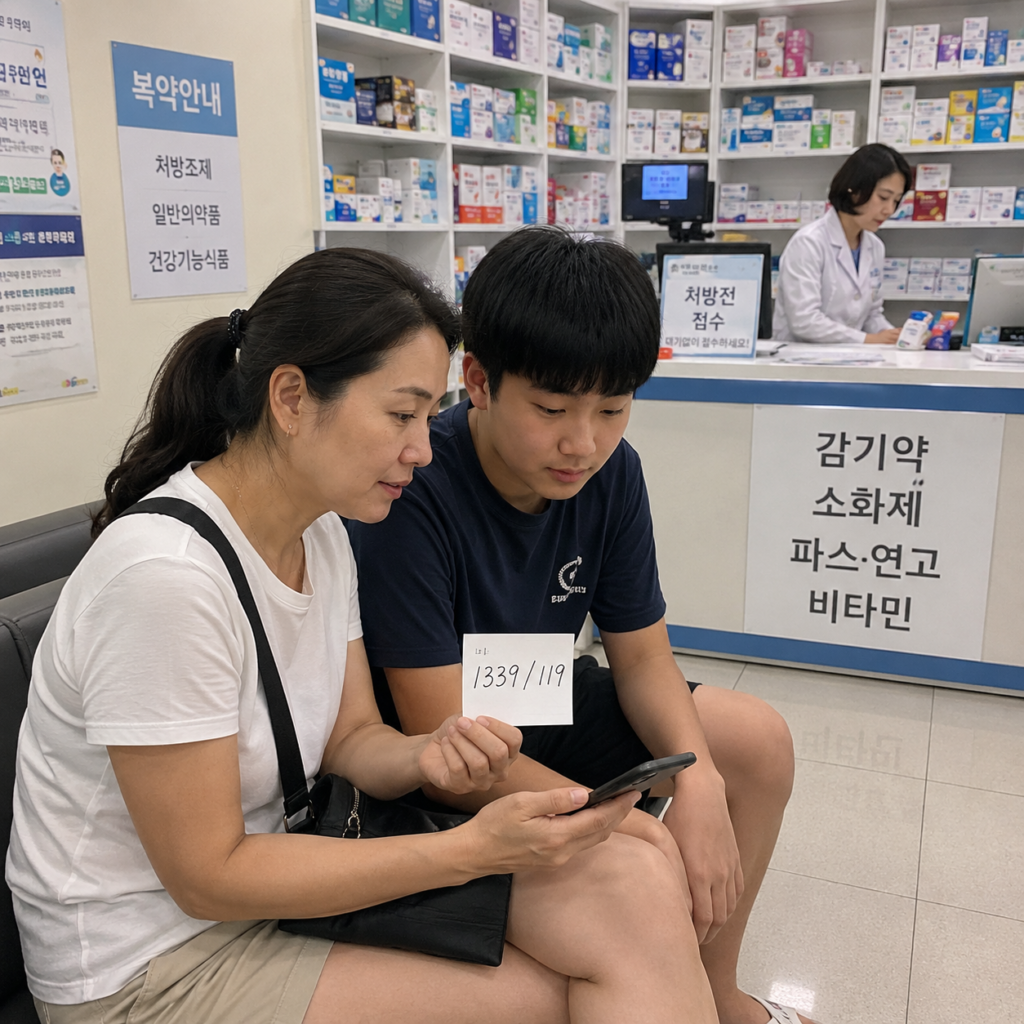 Traveler family checking health hotline numbers at a Korean pharmacy.