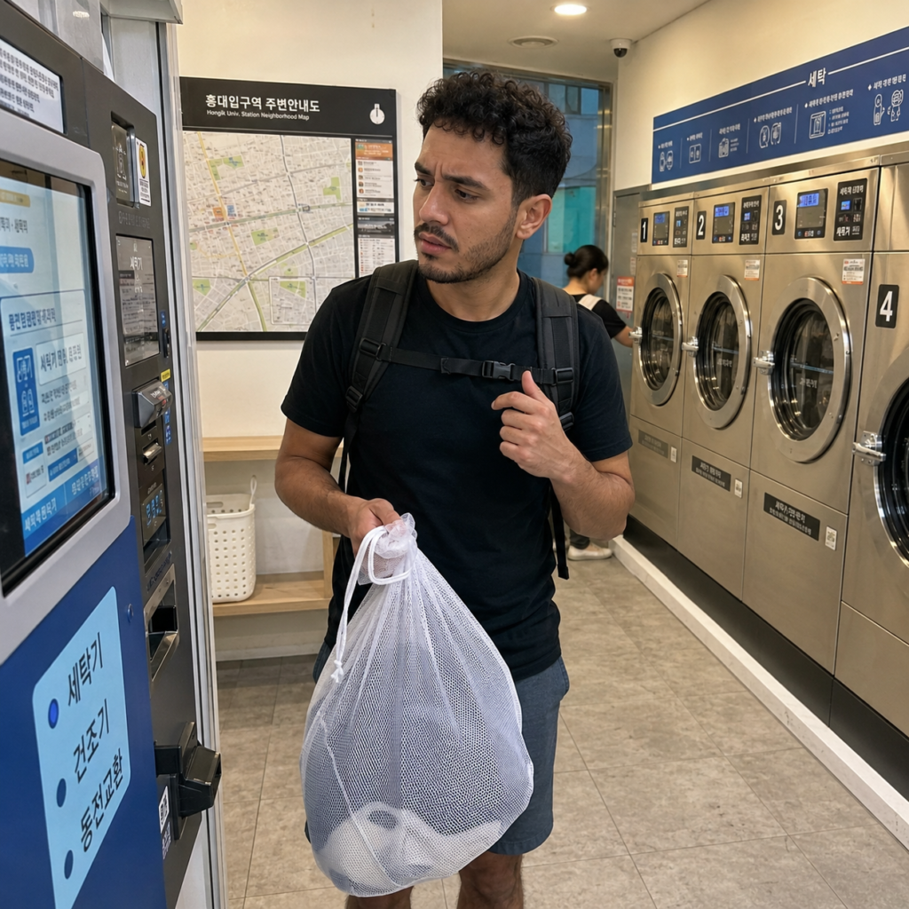 Traveler checking machine numbers at a Korean laundromat.