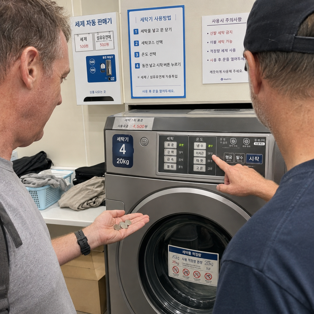 Travelers pressing start on a Korean washing machine.