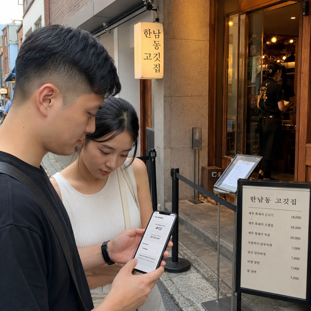 Couple checking a Seoul restaurant waitlist outside.