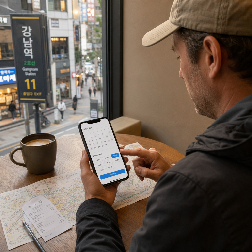 Traveler choosing a Seoul restaurant reservation time