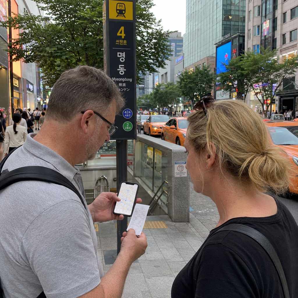 Couple checks a taxi receipt near Myeongdong Station.