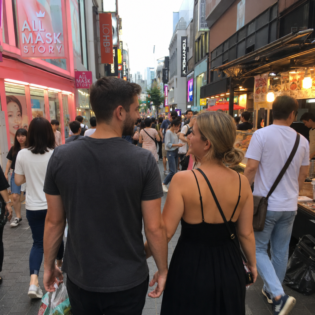 Travelers moving through a narrow Korean market aisle