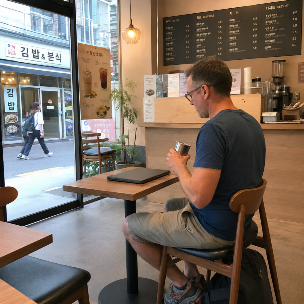 Traveler sitting with a laptop inside a Seoul cafe