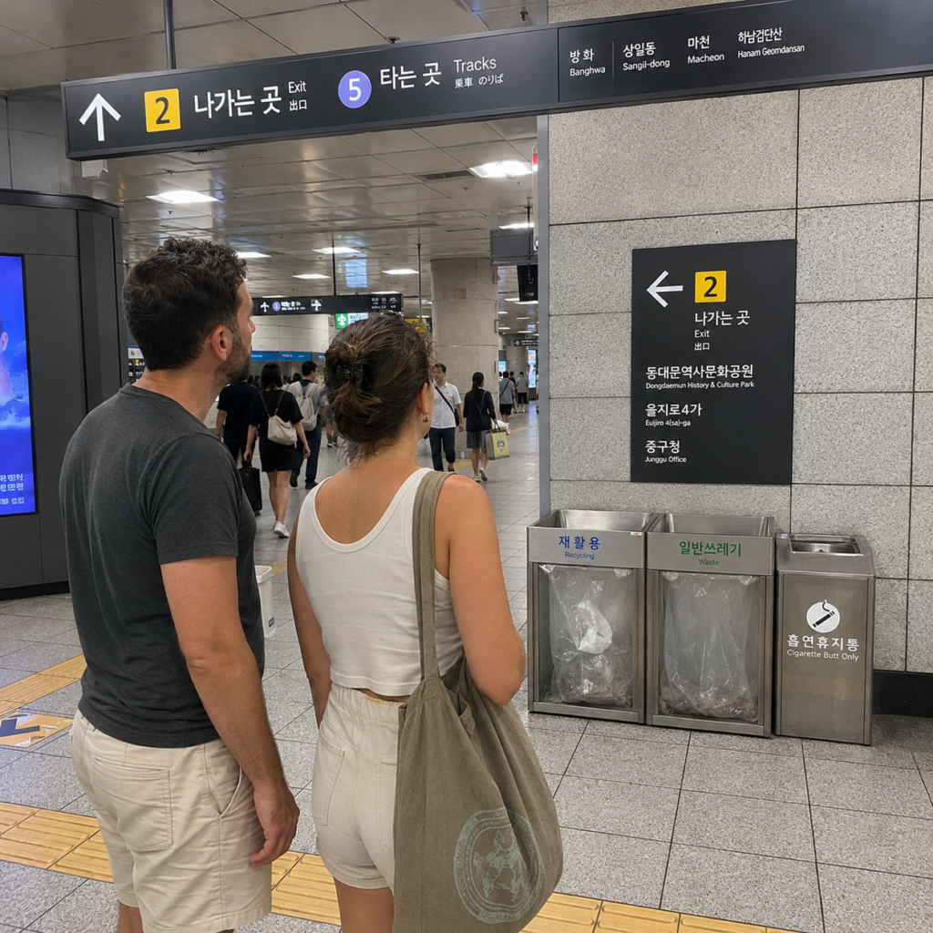 Travelers find trash bins inside a Seoul subway station