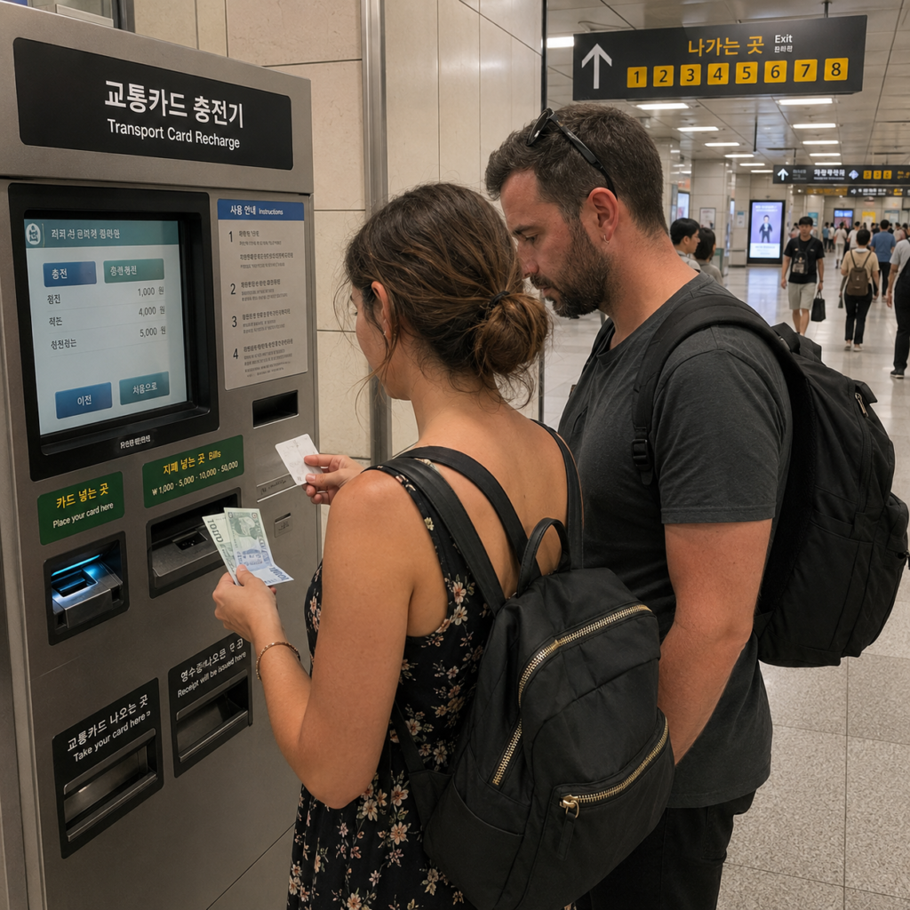 Travelers recharge a transportation card at a Seoul station