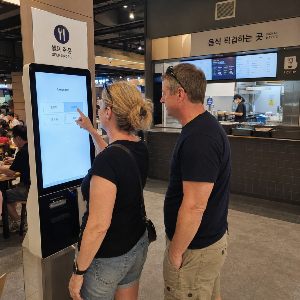 Travelers use an English button on a Seoul food kiosk