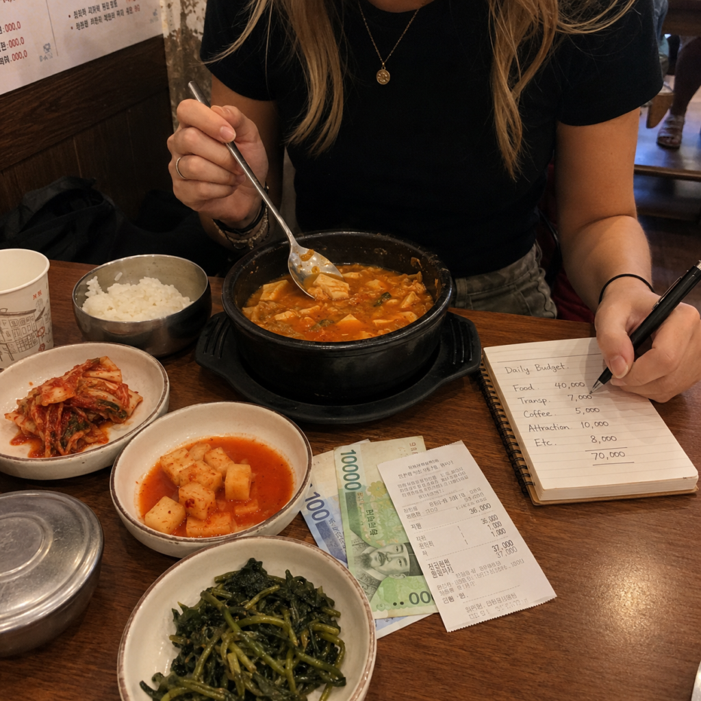 Traveler reviews a Seoul meal receipt and budget notes