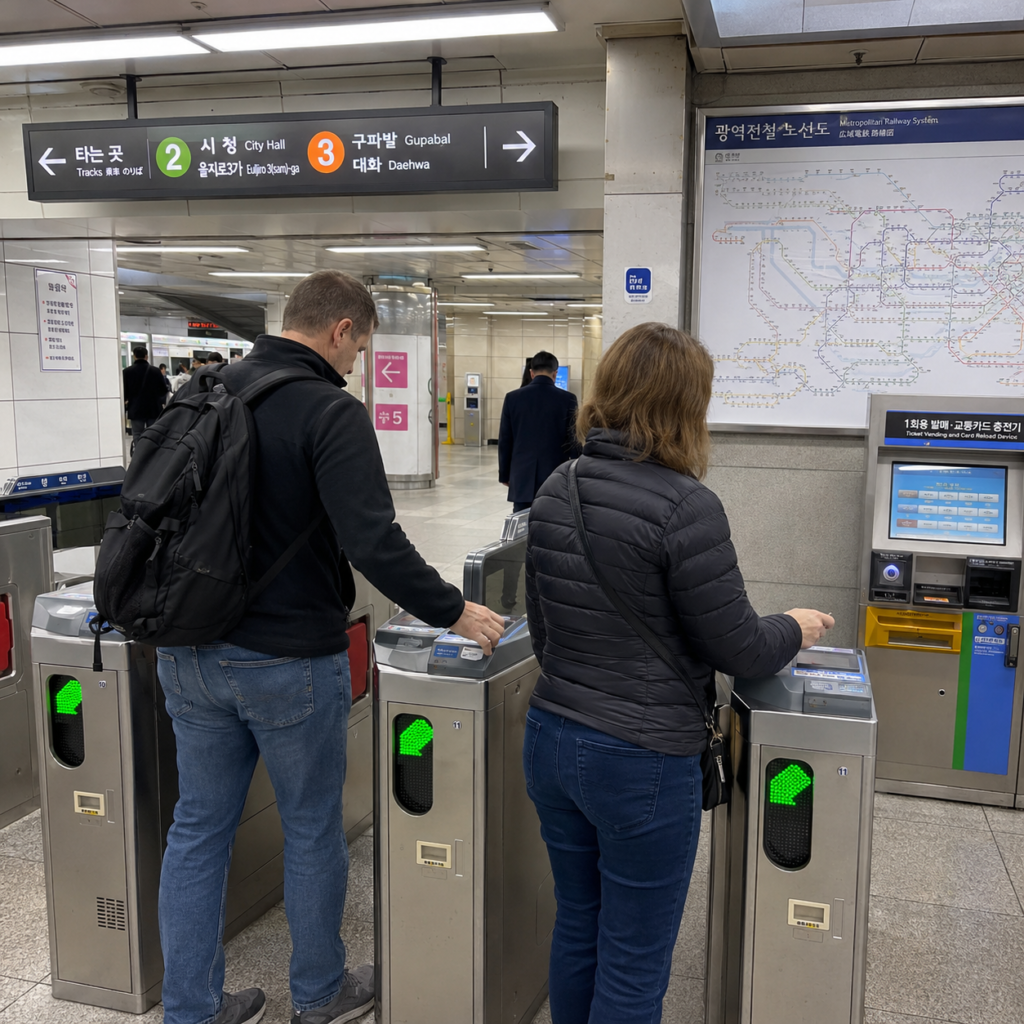 American travelers use transportation cards at a Seoul subway gate