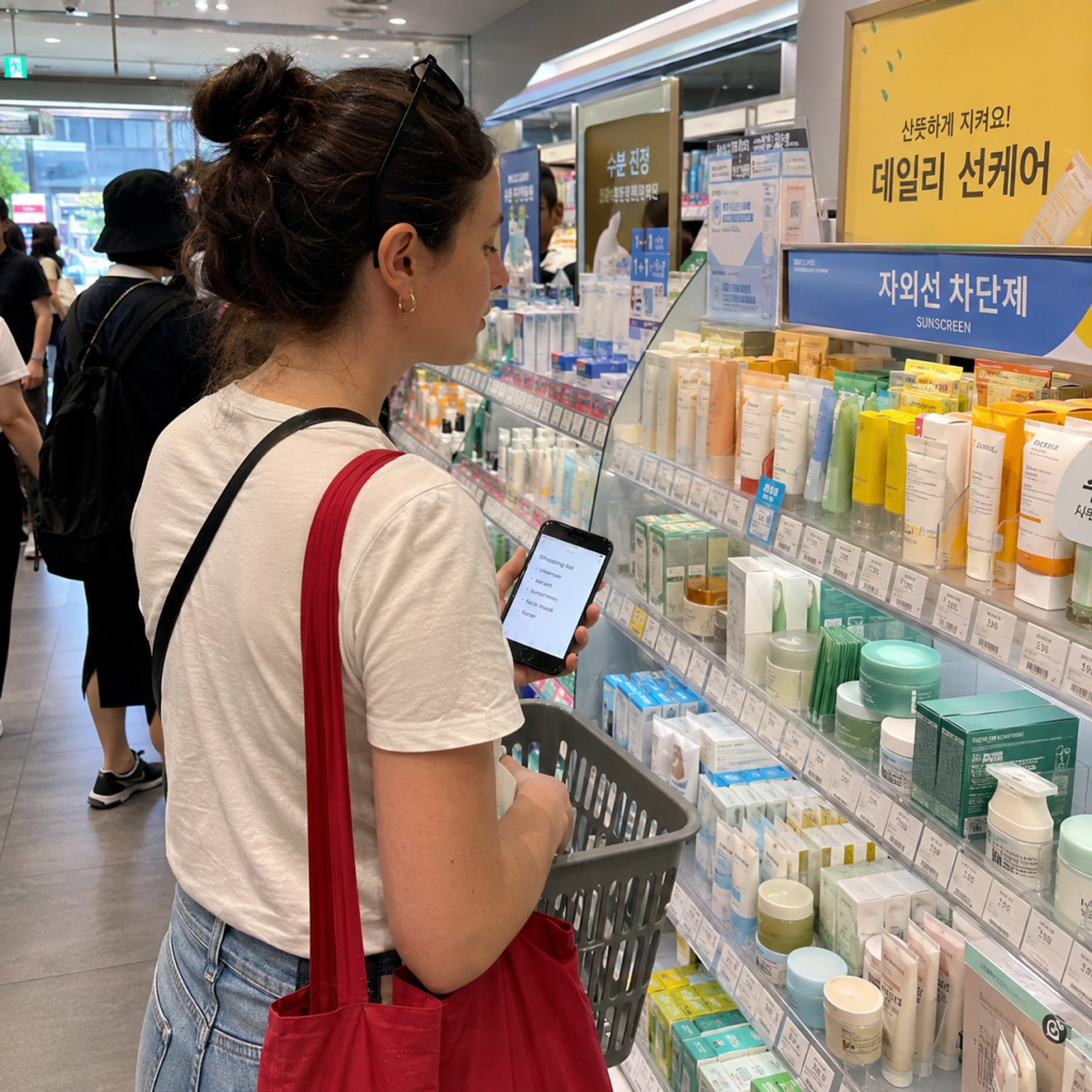 Traveler uses a shopping list in a Korean beauty store