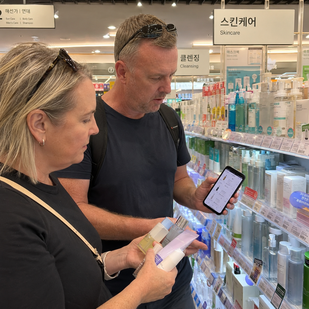 Travelers compare skincare prices before buying in Korea