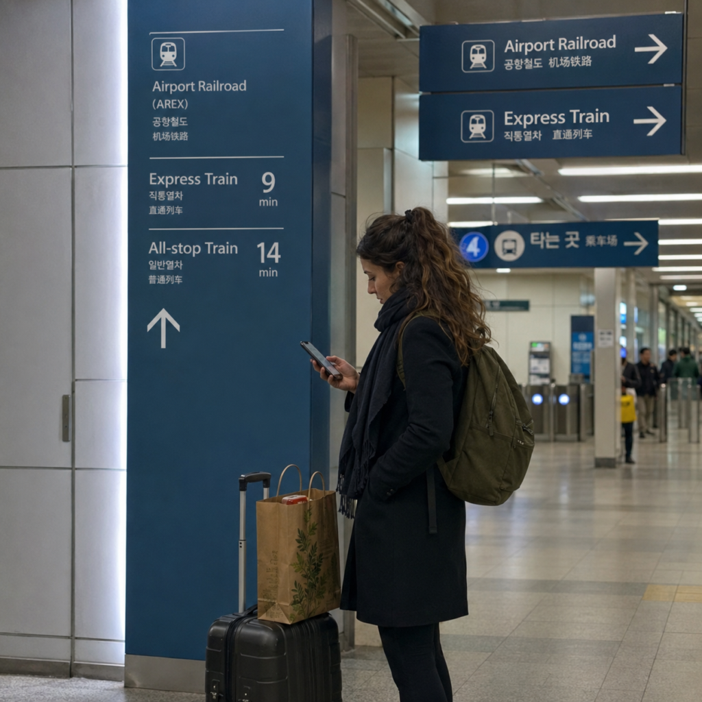 Traveler checks an AREX departure time before shopping at Seoul Station