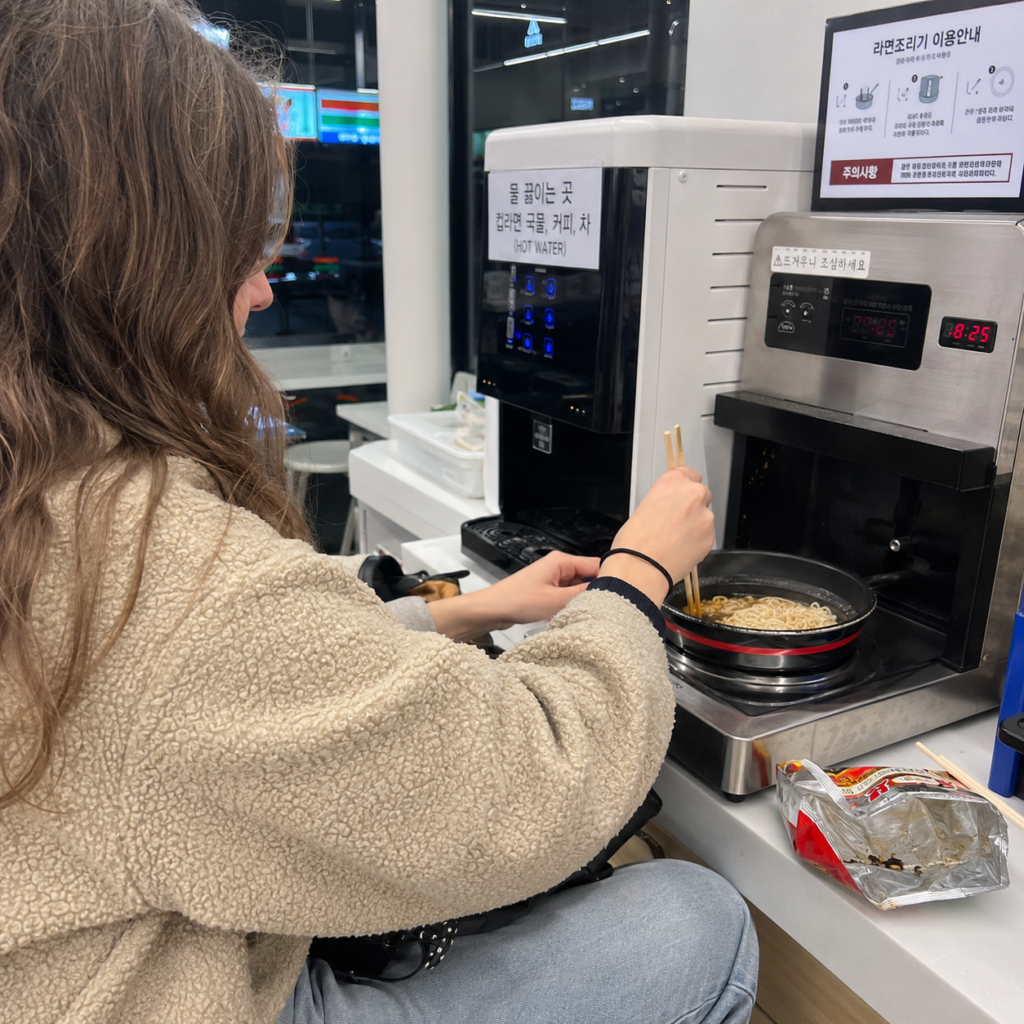 Traveler cooks ramen at a Korean convenience store