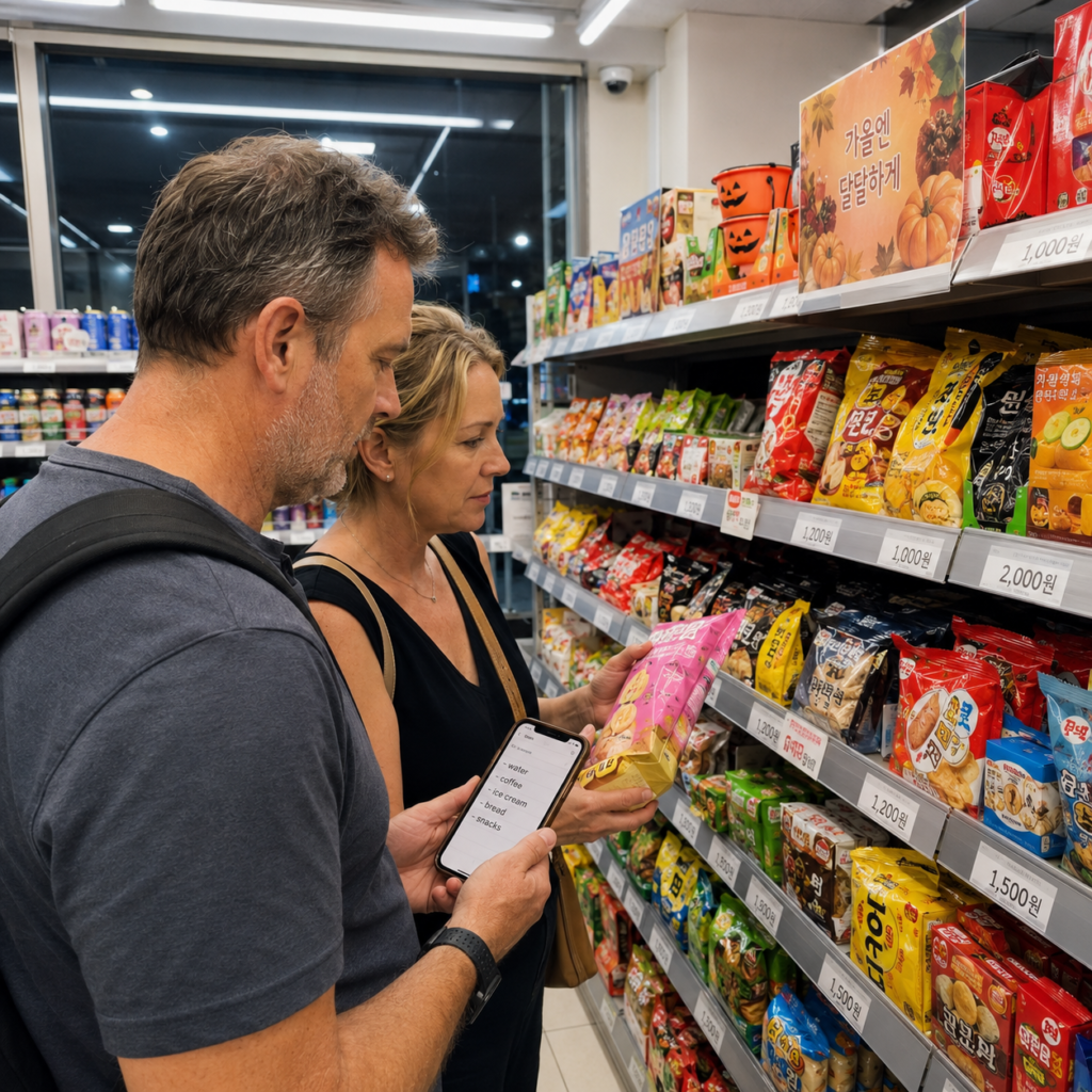 Travelers compare snacks in a Korean convenience store