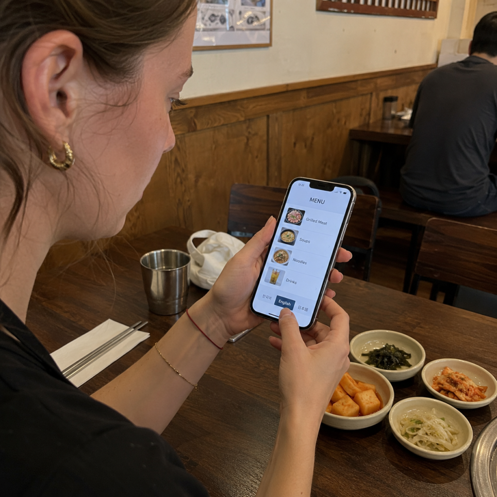 Traveler checks for English on a Korean QR menu