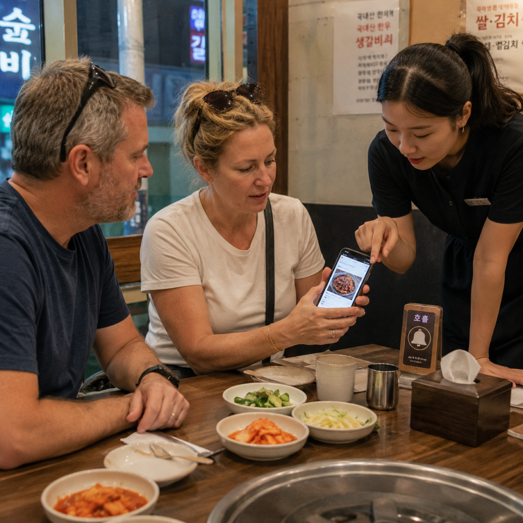 Travelers ask a server for help with a QR menu