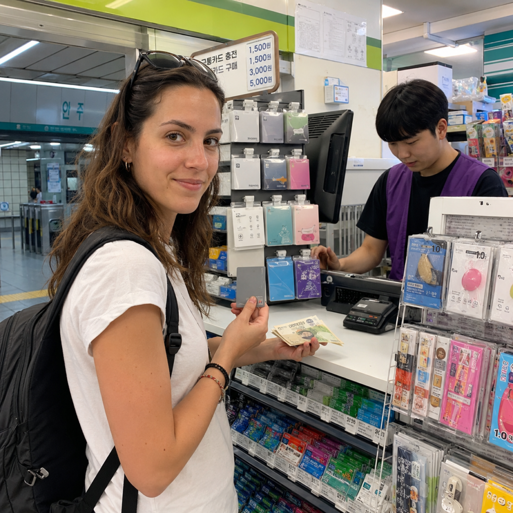 Traveler buys a transportation card at a Seoul convenience store