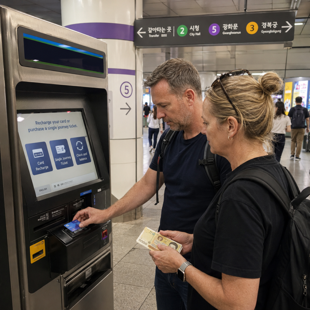 Travelers top up a transit card at a Seoul station machine