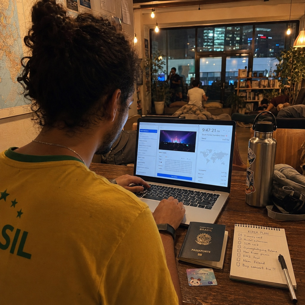 Traveler prepares passport and laptop before a Korea ticket sale